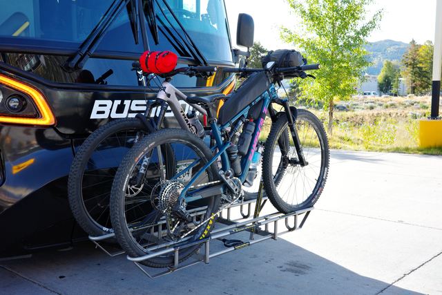 Two bikes on the 7:00 AM West Line's front rack; the other two rode in the belly of the beast, front wheels off.